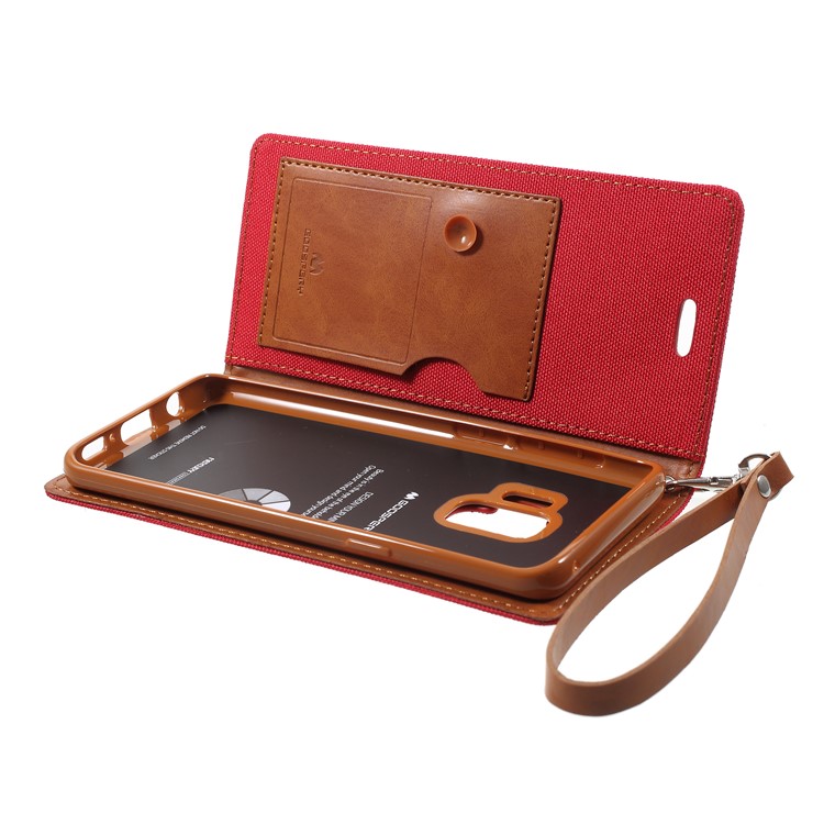 MERCURY GOOSPERY Jeans Cloth Flip Wallet Leather Shell with Strap for Samsung Galaxy S9 SM-G960 - Red-6