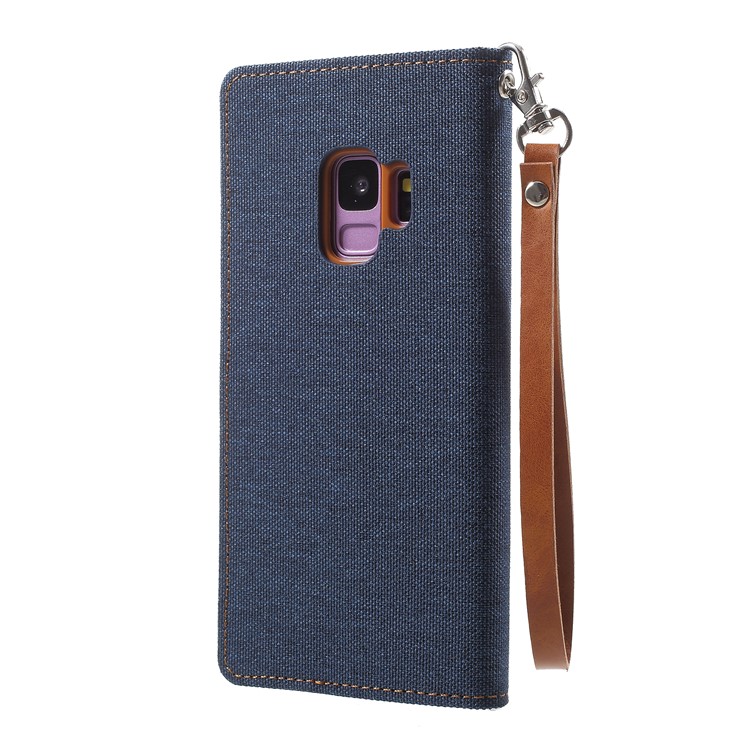 MERCURY GOOSPERY Jeans Cloth Flip Wallet Leather Protective Case with Strap for Samsung Galaxy S9 SM-G960 - Dark Blue-3