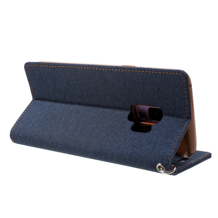 MERCURY GOOSPERY Jeans Cloth Flip Wallet Leather Protective Case with Strap for Samsung Galaxy S9 SM-G960 - Dark Blue-5