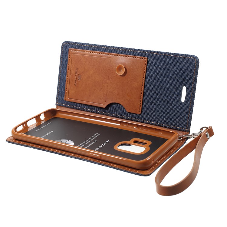MERCURY GOOSPERY Jeans Cloth Flip Wallet Leather Protective Case with Strap for Samsung Galaxy S9 SM-G960 - Dark Blue-6