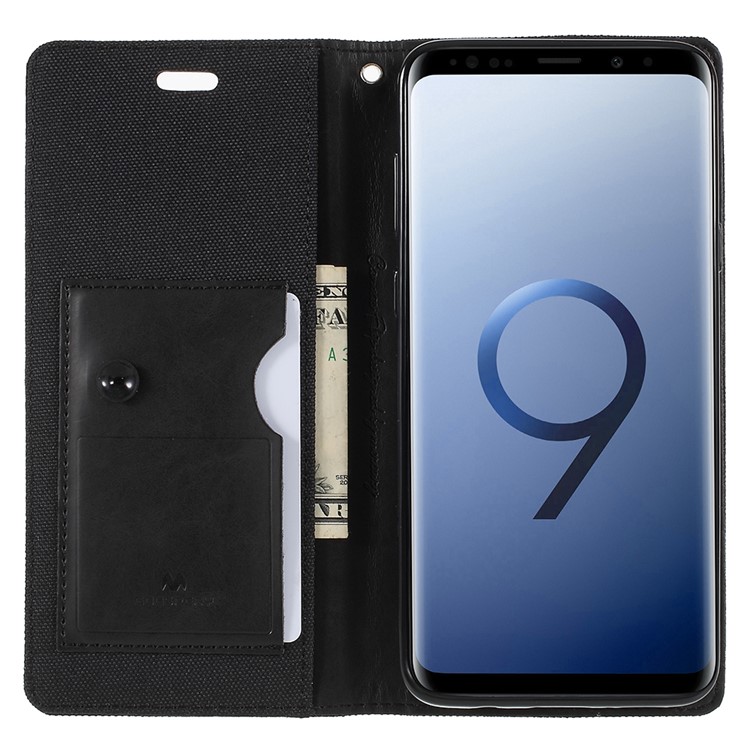 MERCURY GOOSPERY Jeans Cloth Flip Wallet Leather Case with Strap for Samsung Galaxy S9+ SM-G965 - Black-6