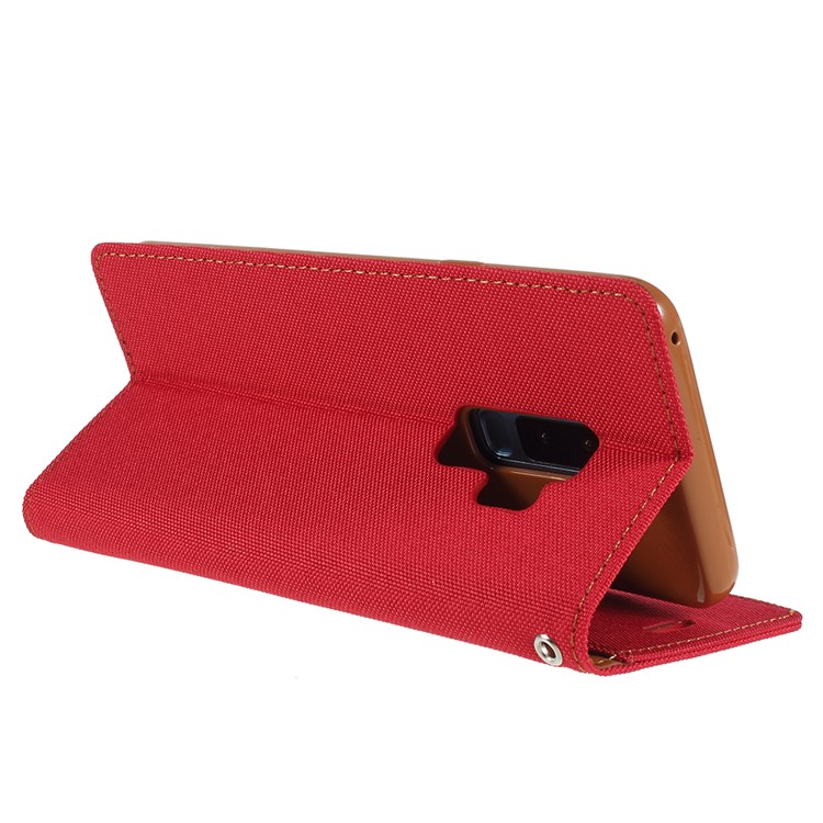 MERCURY GOOSPERY Jeans Cloth Flip Wallet Leather Shell with Strap for Samsung Galaxy S9 Plus SM-G965 - Red-5