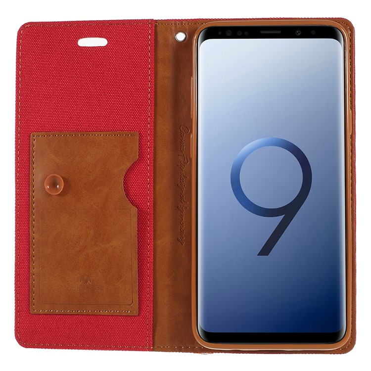 MERCURY GOOSPERY Jeans Cloth Flip Wallet Leather Shell with Strap for Samsung Galaxy S9 Plus SM-G965 - Red-6