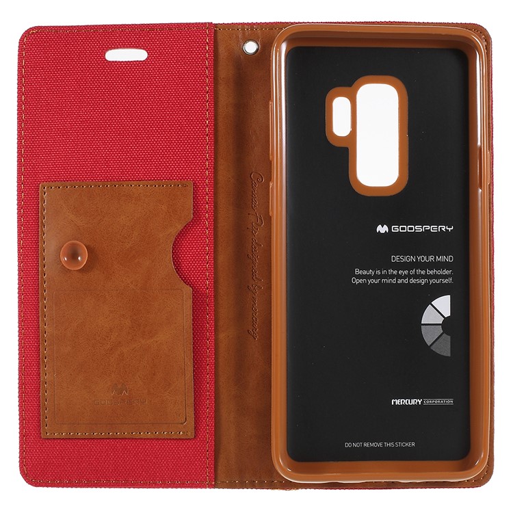 MERCURY GOOSPERY Jeans Cloth Flip Wallet Leather Shell with Strap for Samsung Galaxy S9 Plus SM-G965 - Red-7