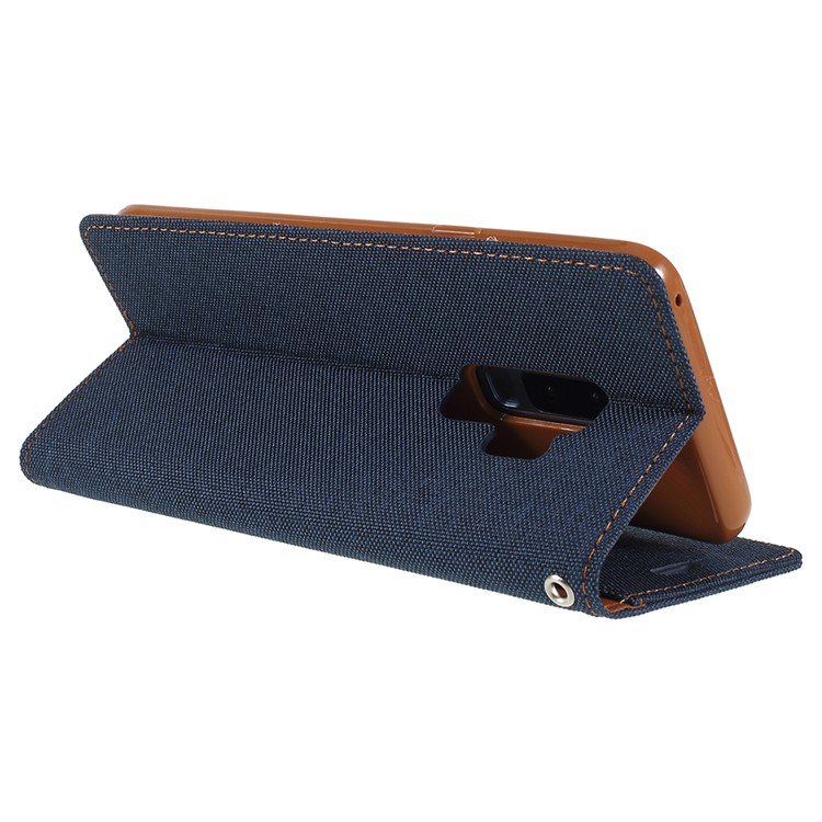 MERCURY GOOSPERY Jeans Cloth Flip Wallet Leather Mobile Phone Casing with Strap for Samsung Galaxy S9+ SM-G965 - Dark Blue-5