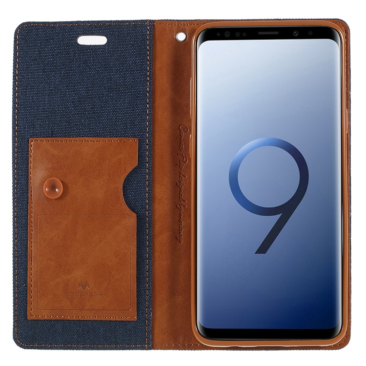 MERCURY GOOSPERY Jeans Cloth Flip Wallet Leather Mobile Phone Casing with Strap for Samsung Galaxy S9+ SM-G965 - Dark Blue-6