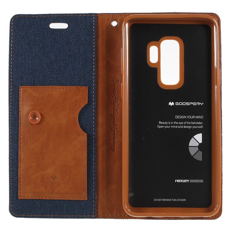 MERCURY GOOSPERY Jeans Cloth Flip Wallet Leather Mobile Phone Casing with Strap for Samsung Galaxy S9+ SM-G965 - Dark Blue-7