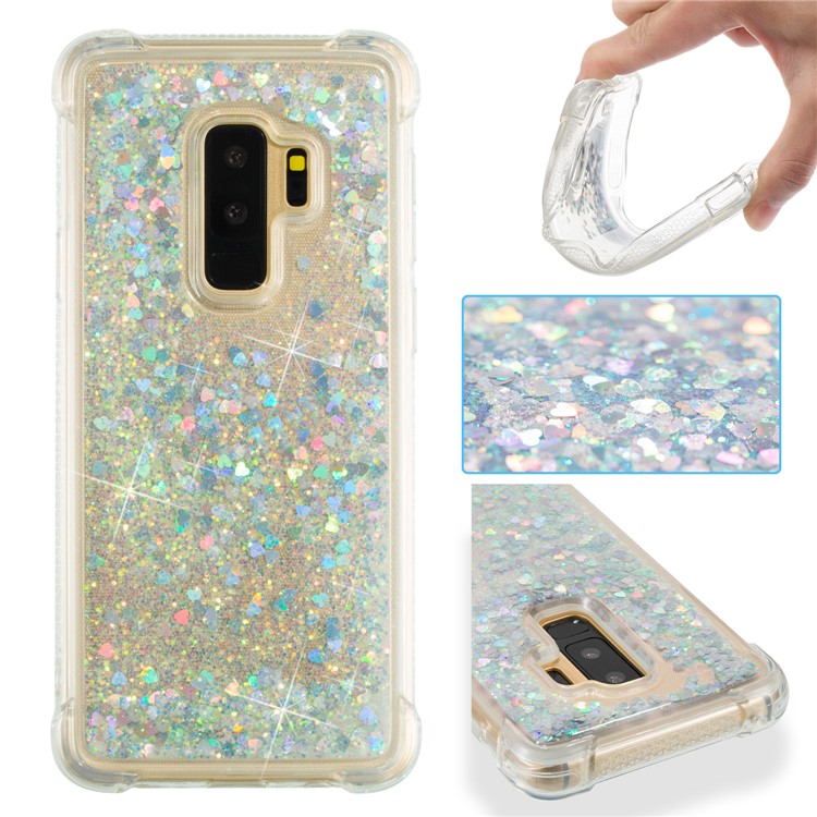 For Samsung Galaxy S9 Plus G965 Dynamic Liquid Glitter Powder Heart Shaped Sequins TPU Protective Case - Silver-1