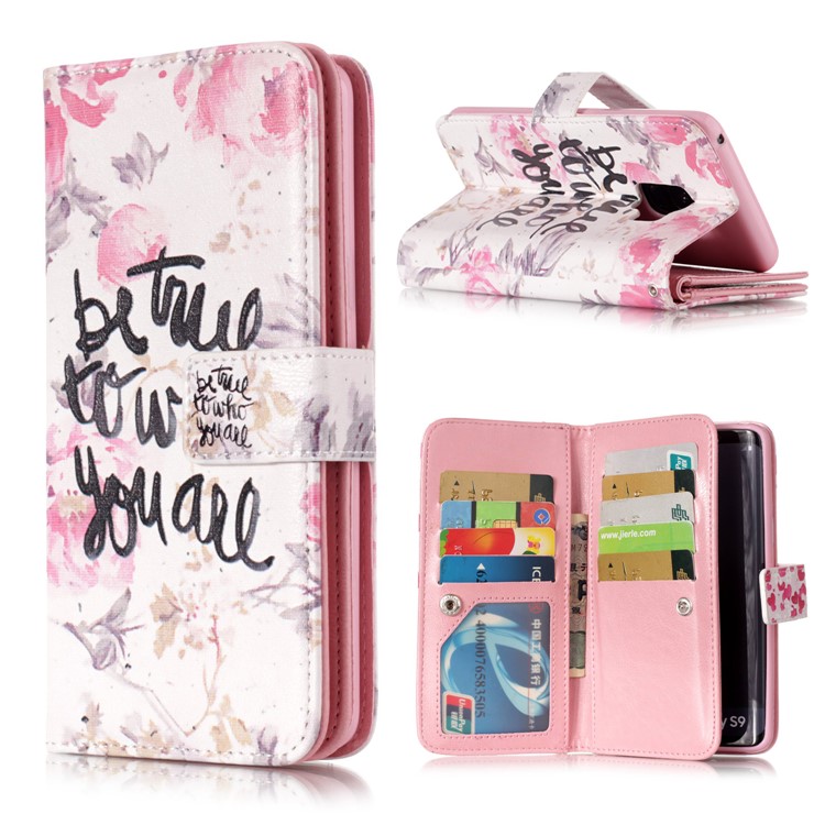 Pattern Printing 9-Slot Wallet Stand Leather Case for Samsung Galaxy S9 G960 - Words and Flowers-1