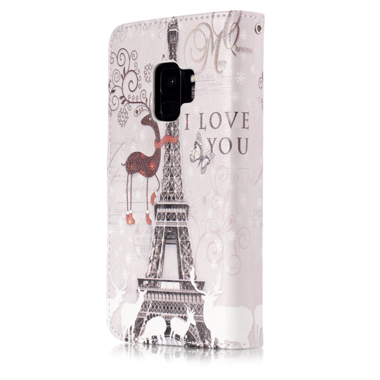 Multiple Card Slots Leather Wallet Cellphone Cover for Samsung Galaxy S9 G960 - Eiffel Tower and Elk-2