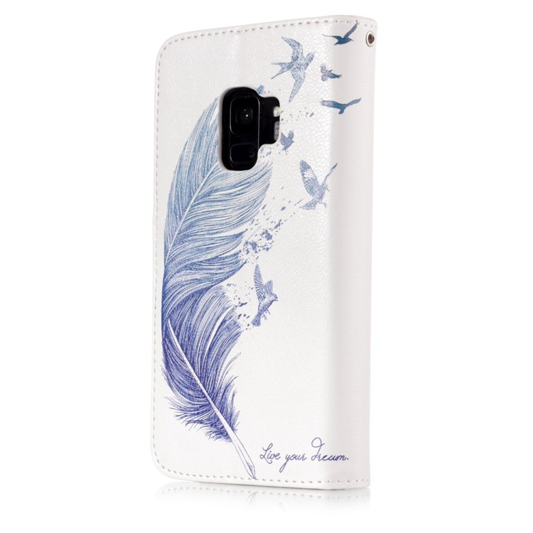 Patterned Wallet Stand Leather Protector Cover for Samsung Galaxy S9 G960 - Feather and Birds-2