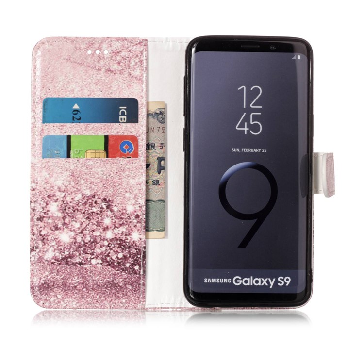 Patterned PU Leather Wallet Stand Cell Phone Cover for Samsung Galaxy S9 G960 - Pink Glitter Pattern-3