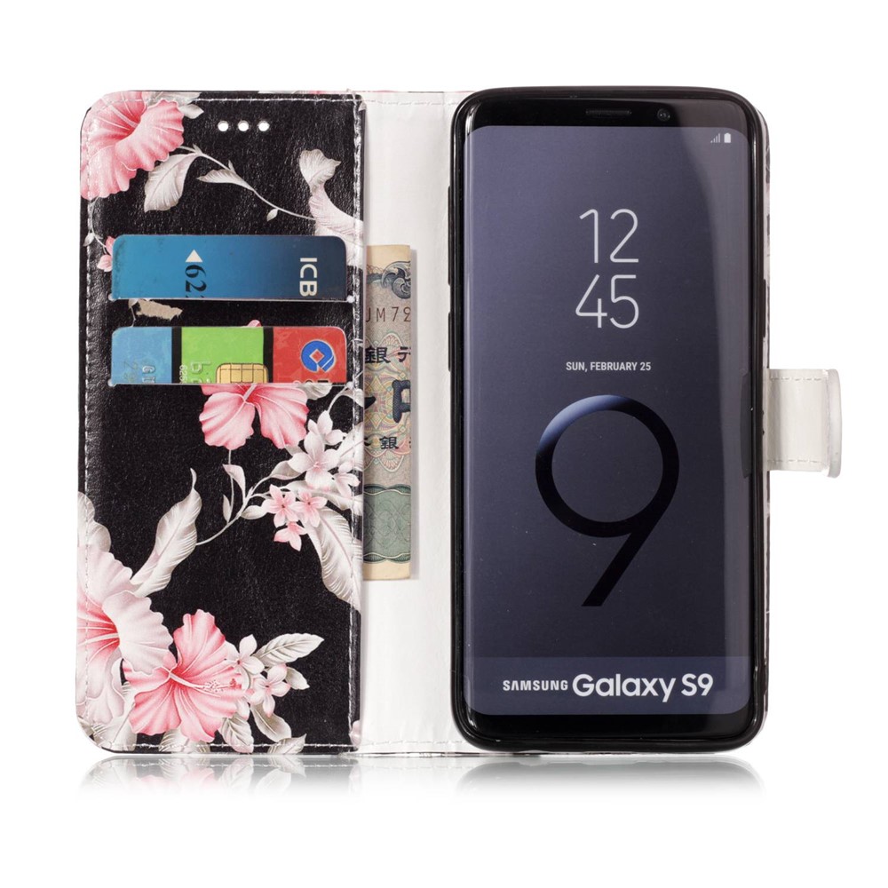 Patterned PU Leather Wallet Stand Protective Shell for Samsung Galaxy S9 G960 - Pink Flower-3