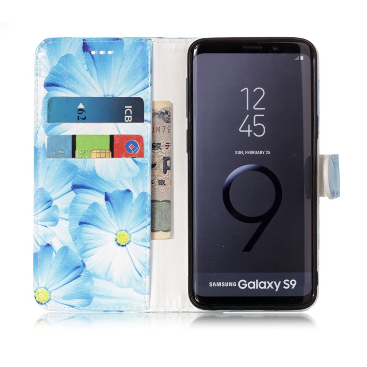 Patterned PU Leather Wallet Protection Casing for Samsung Galaxy S9 G960 - Blue Flower-3