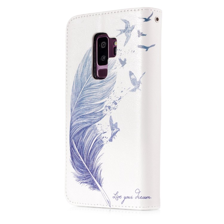 Patterned 9 Card Slots Wallet Leather Protection Case for Samsung Galaxy S9+ SM-G965 - Blue Feather-2