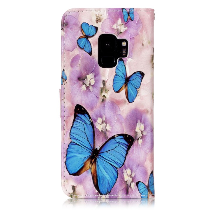 Pattern Printing Leather Wallet Stand Shell for Samsung Galaxy S9 G960 - Blue Butterflies and Pretty Flowers-2