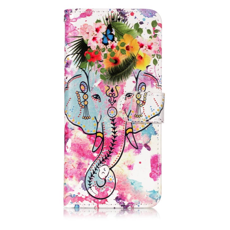 Pattern Printing Leather Wallet Protective Cover for Samsung Galaxy S9 G960 - Elephant with Flowers-1