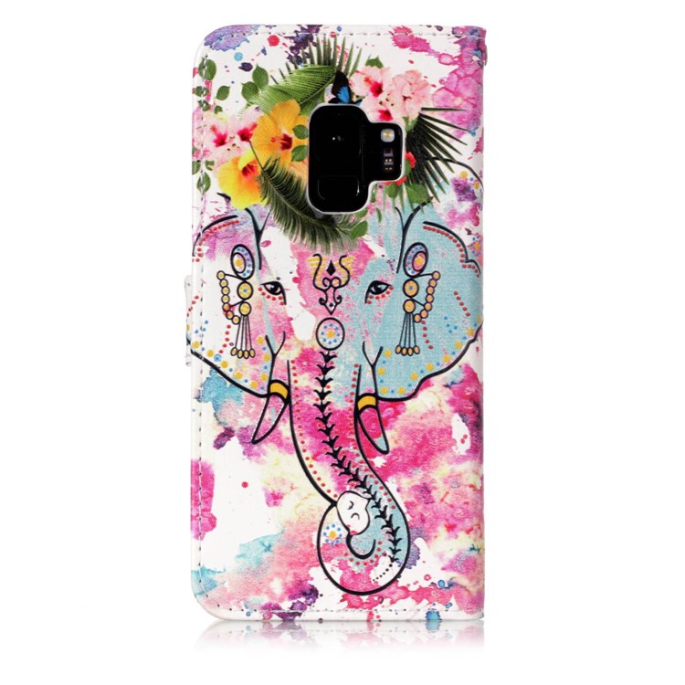 Pattern Printing Leather Wallet Protective Cover for Samsung Galaxy S9 G960 - Elephant with Flowers-2