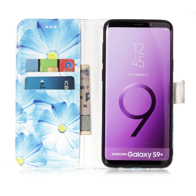 Pattern Printing Wallet Leather Stand Case for Samsung Galaxy S9+ SM-G965 - Blue Flowers-4