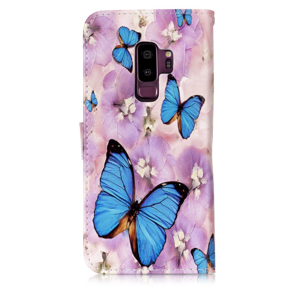 Impresión de Patrones Case de Cuero de Billetera de Goma Para Samsung Galaxy S9+ G965 - Mariposa Azul y Flor