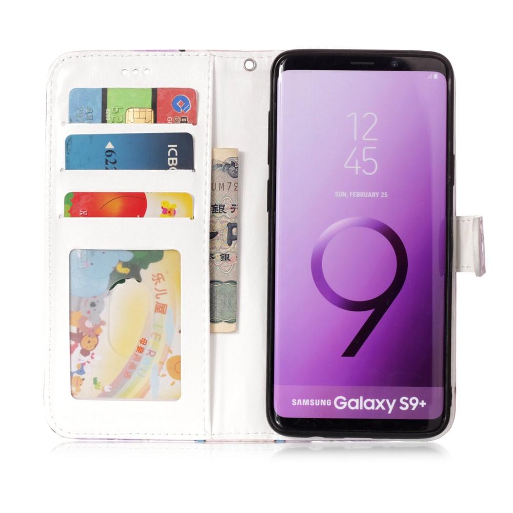 Custodia in Pelle Del Portafoglio Gommata da Stampa a Pattern Per Samsung Galaxy S9+ G965 - Farfalla Blu e Fiore