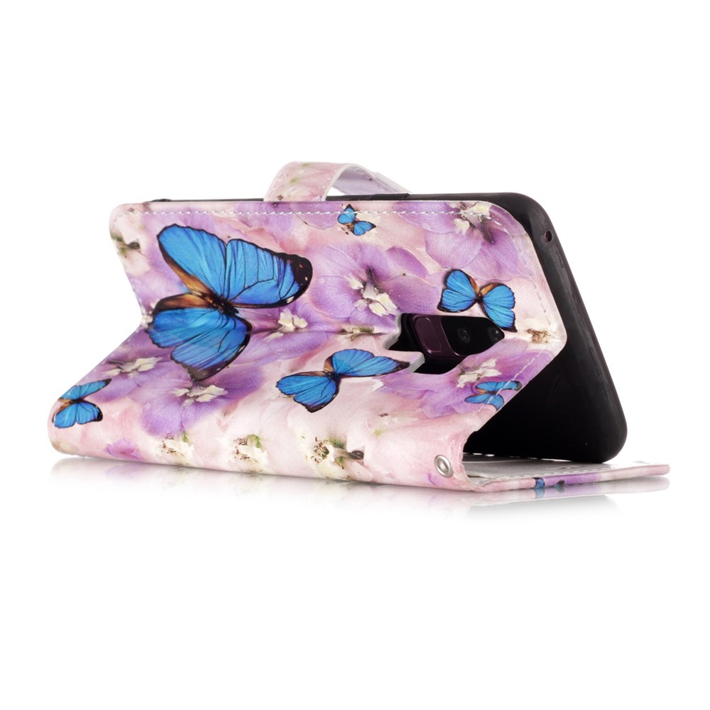 Pattern Printing Rubberized Wallet Leather Case for Samsung Galaxy S9+ G965 - Blue Butterfly and Flower-5