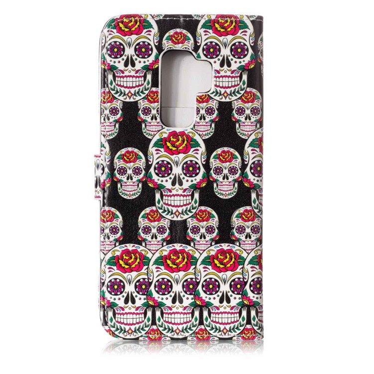 Patterned Rubberized Wallet Leather Shell Case for Samsung Galaxy S9+ G965 - Flower Skull-2