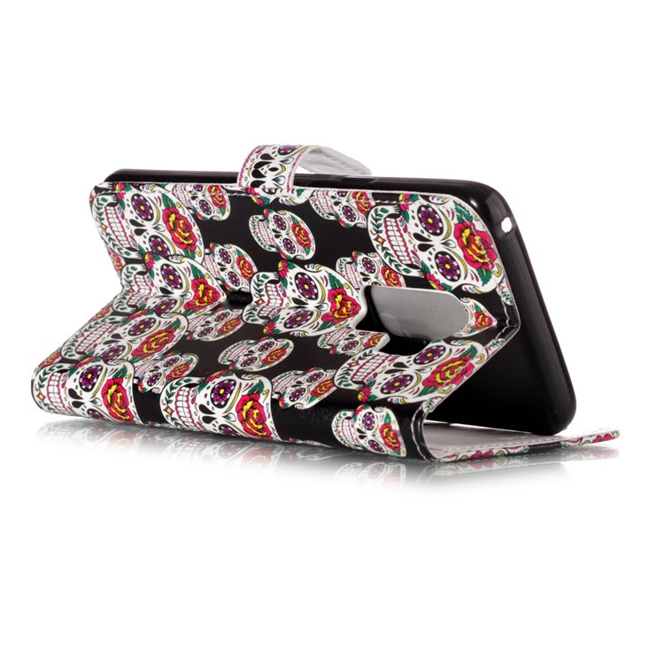 Patterned Rubberized Wallet Leather Shell Case for Samsung Galaxy S9+ G965 - Flower Skull-3
