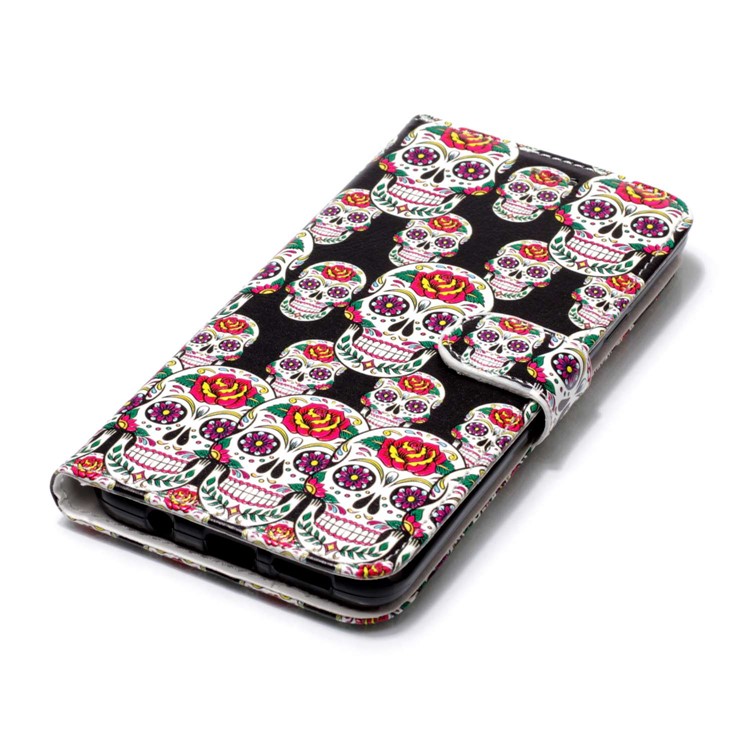 Patterned Rubberized Wallet Leather Shell Case for Samsung Galaxy S9+ G965 - Flower Skull-4