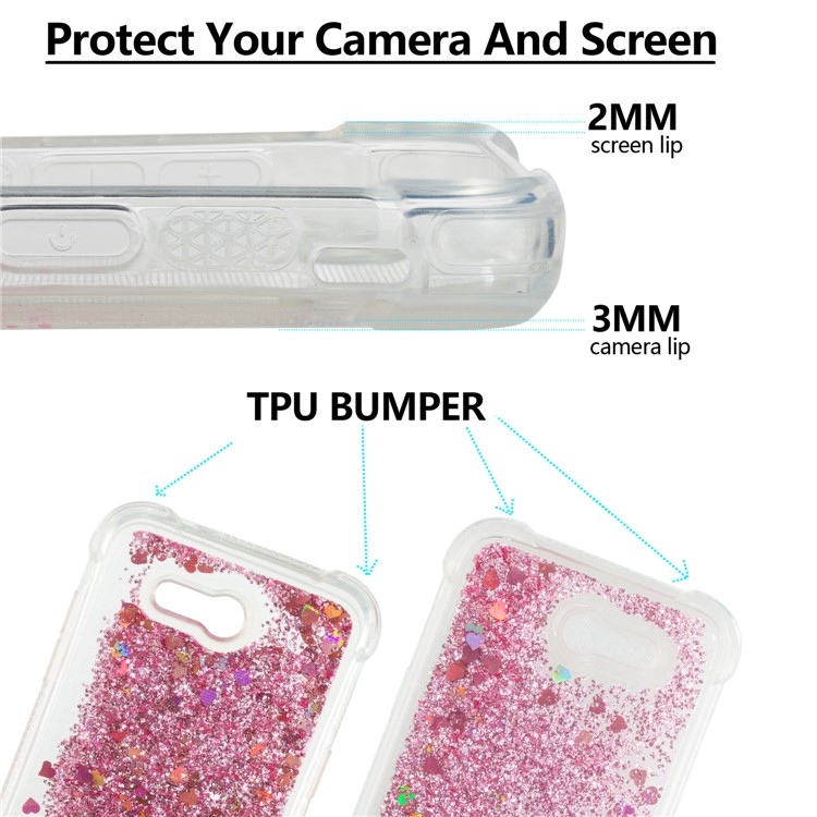 Dynamic Liquid Glitter Powder Heart Shaped Sequins Shockproof TPU Mobile Phone Case for Samsung Galaxy J3 2017 US Version/J3 Emerge/J3 Prime - Rose Gold-2