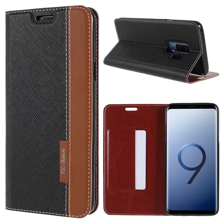 Contrast Color Auto-absorbed Card Slot Leather Stand Case for Samsung Galaxy S9 Plus SM-G965 - Black-1