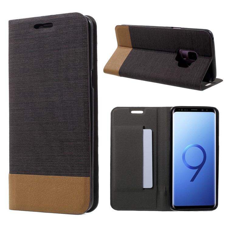 Contrast Color Canvas Texture Leather Stand Case for Samsung Galaxy S9 SM-G960 - Black-1