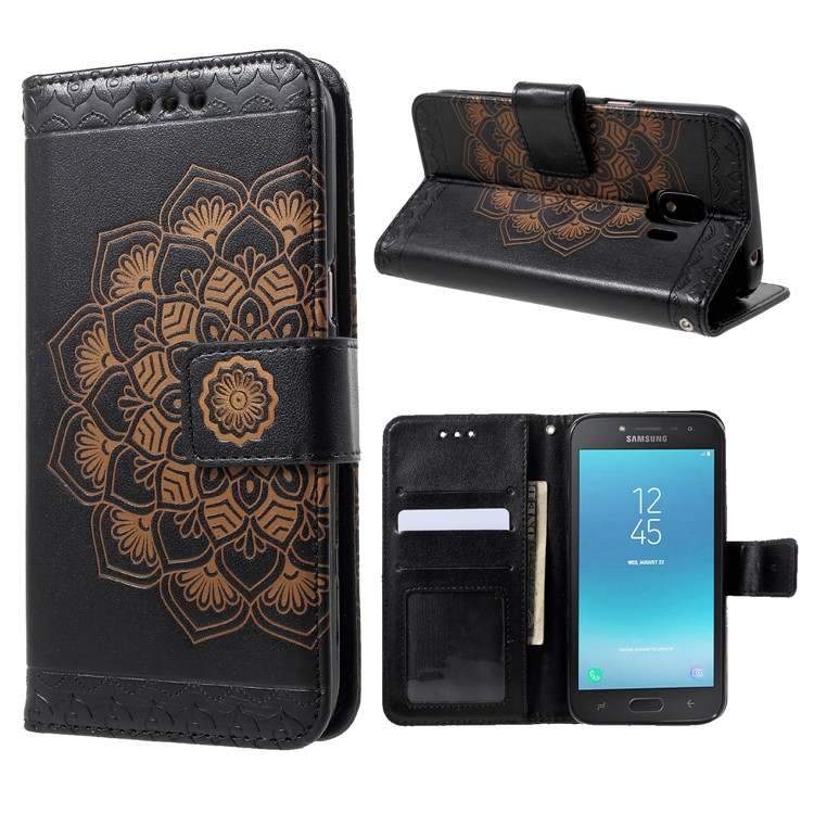 Imprinted Mandala Pattern Leather Wallet Stand Case for Samsung Galaxy J2 Pro 2018 - Black-1