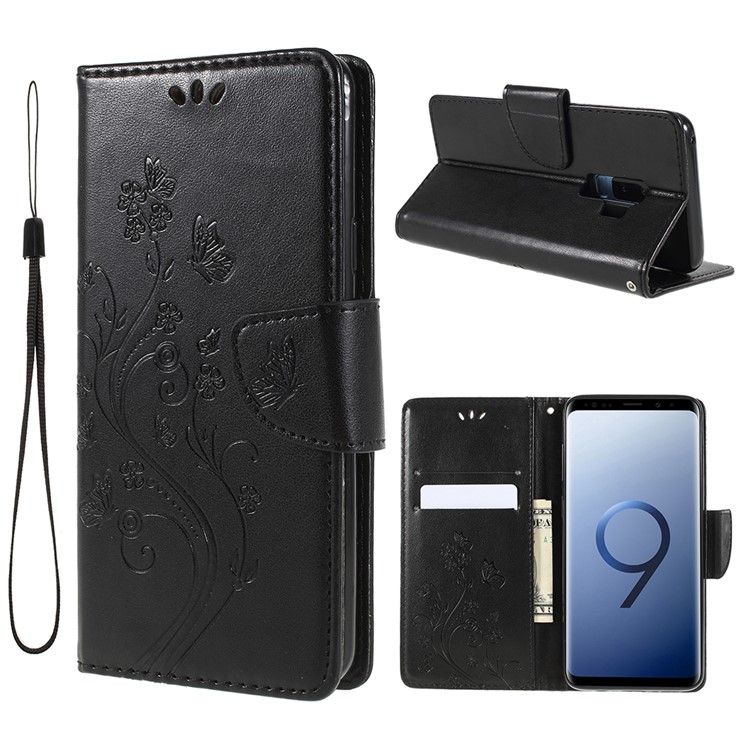 For Samsung Galaxy S9+ G965 Imprint Butterfly Flower Wallet Stand Leather Case - Black-1