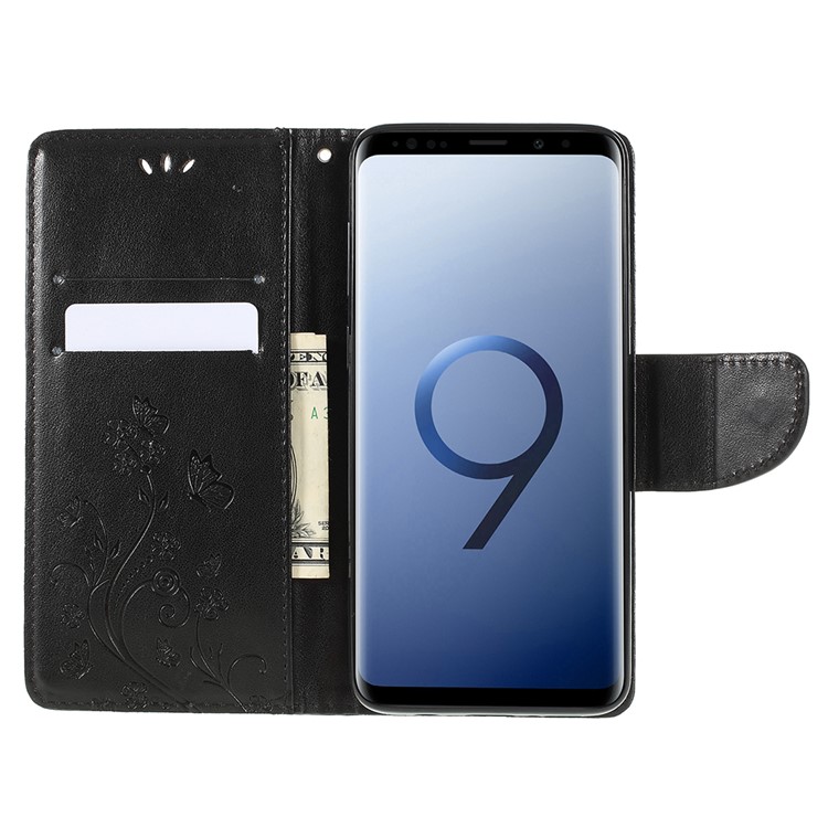 For Samsung Galaxy S9+ G965 Imprint Butterfly Flower Wallet Stand Leather Case - Black-9