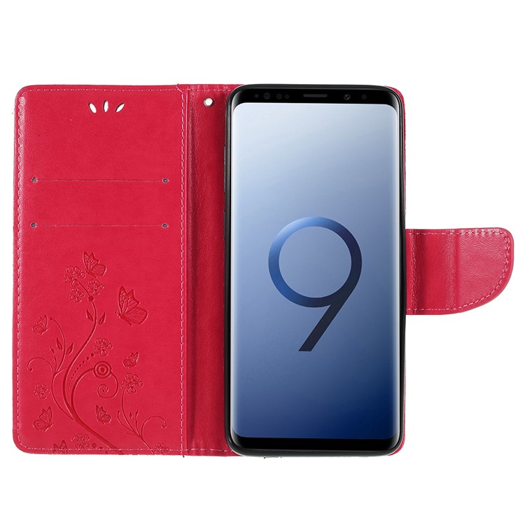 For Samsung Galaxy S9+ G965 Imprint Butterfly Flower Wallet Stand Leather Shell - Red-6