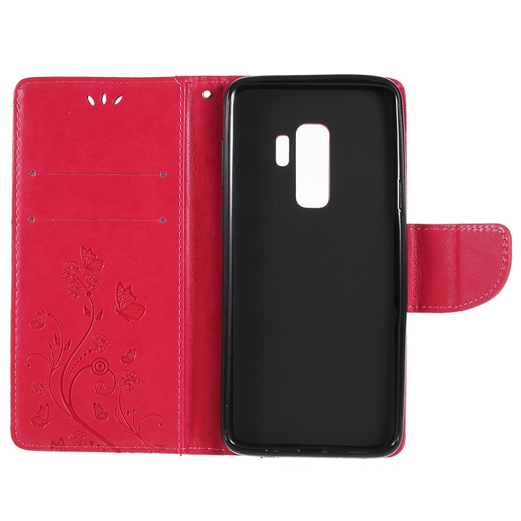 For Samsung Galaxy S9+ G965 Imprint Butterfly Flower Wallet Stand Leather Shell - Red-7