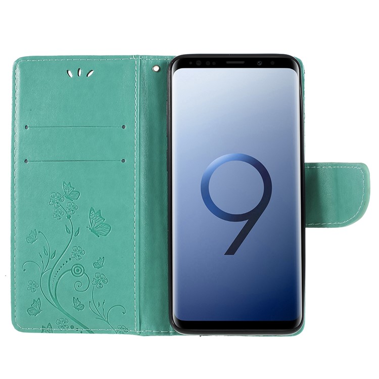 For Samsung Galaxy S9+ G965 Imprint Butterfly Flower Wallet Stand Leather Phone Cover - Cyan-6