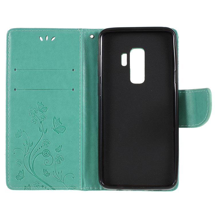 For Samsung Galaxy S9+ G965 Imprint Butterfly Flower Wallet Stand Leather Phone Cover - Cyan-7