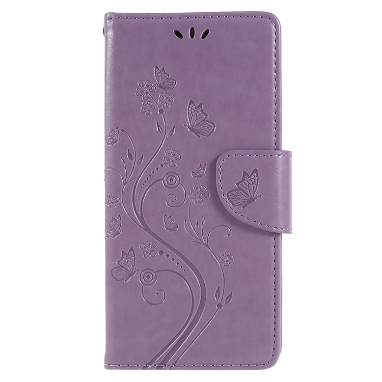 For Samsung Galaxy S9+ G965 Imprint Butterfly Flower Wallet PU Leather Mobile Case - Light Purple-1