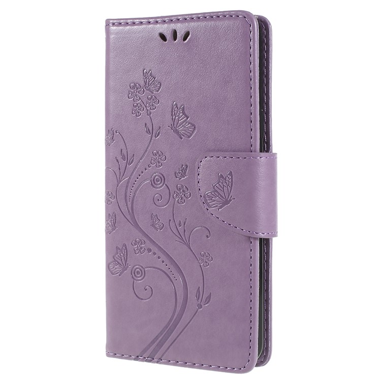 For Samsung Galaxy S9+ G965 Imprint Butterfly Flower Wallet PU Leather Mobile Case - Light Purple-2
