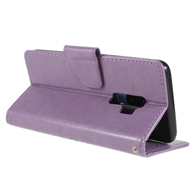 For Samsung Galaxy S9+ G965 Imprint Butterfly Flower Wallet PU Leather Mobile Case - Light Purple-5