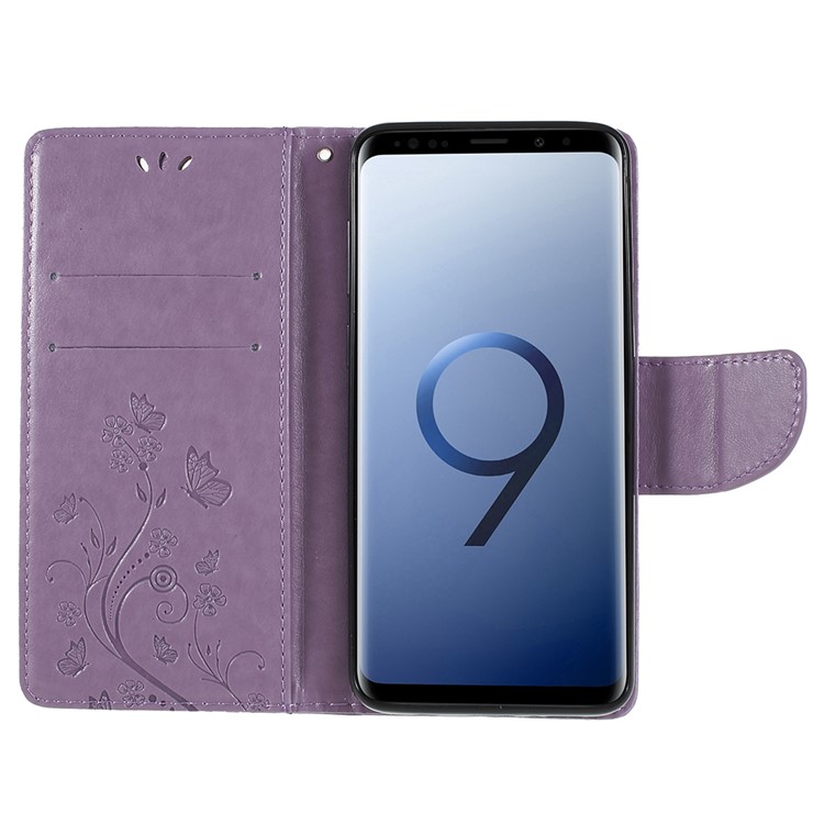 For Samsung Galaxy S9+ G965 Imprint Butterfly Flower Wallet PU Leather Mobile Case - Light Purple-6