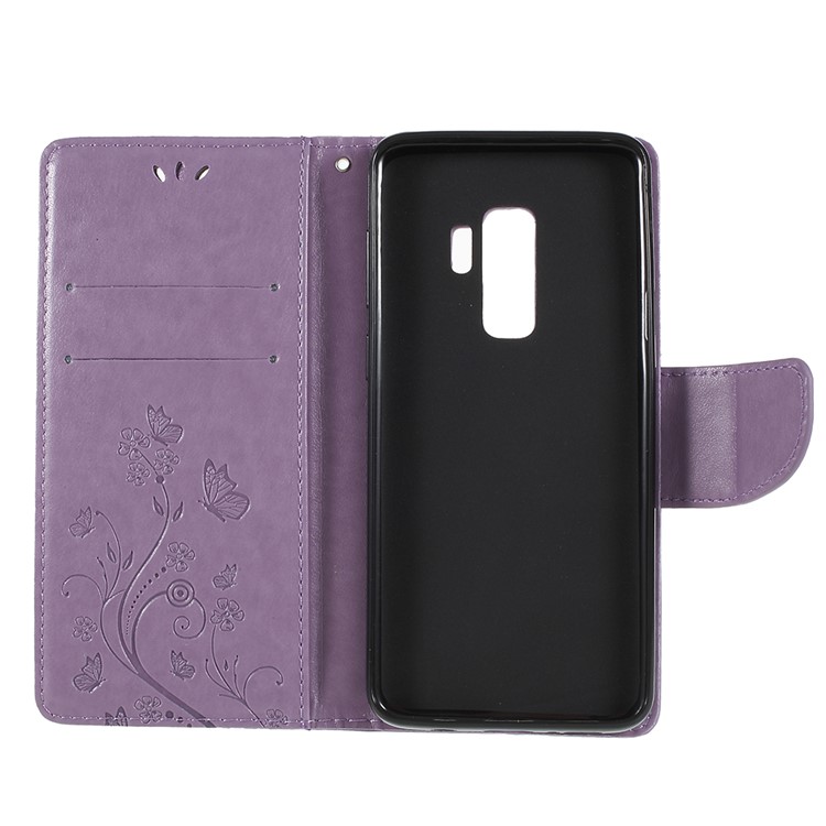 For Samsung Galaxy S9+ G965 Imprint Butterfly Flower Wallet PU Leather Mobile Case - Light Purple-7