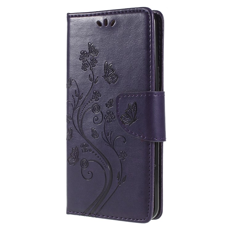 For Samsung Galaxy S9+ G965 Imprint Butterfly Flower Wallet Stand Leather Mobile Cover - Dark Purple-2