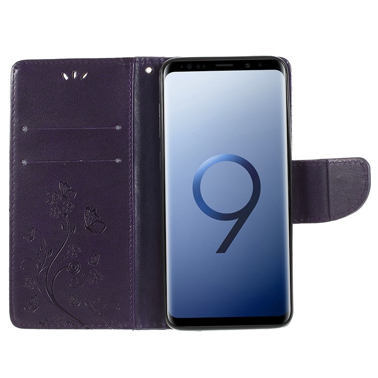 For Samsung Galaxy S9+ G965 Imprint Butterfly Flower Wallet Stand Leather Mobile Cover - Dark Purple-6