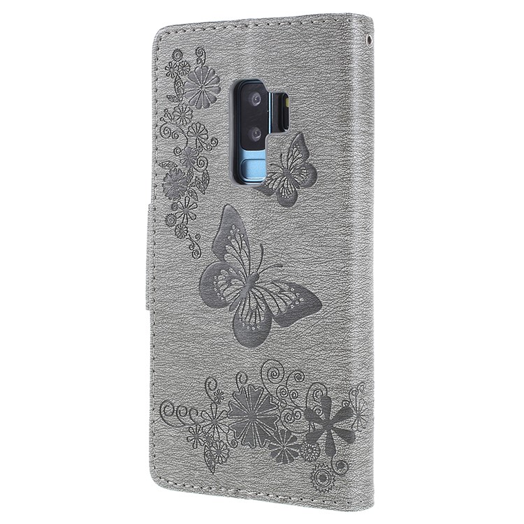 Imprint Butterfly Flower Leather Stand Wallet Cover for Samsung Galaxy S9+ G965 - Grey-3