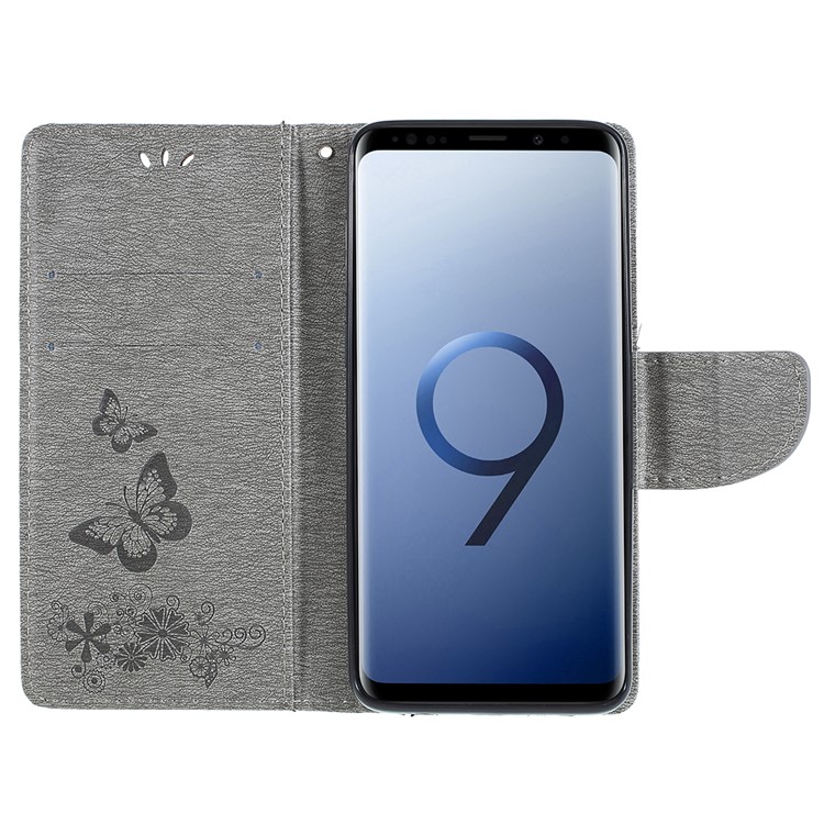 Imprint Butterfly Flower Leather Stand Wallet Cover for Samsung Galaxy S9+ G965 - Grey-6