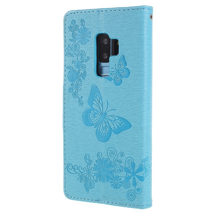 Imprint Butterfly Flower Leather Stand Mobile Case for Samsung Galaxy S9+ G965 - Blue-3
