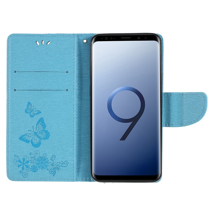 Imprint Butterfly Flower Leather Stand Mobile Case for Samsung Galaxy S9+ G965 - Blue-6